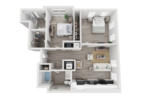 Floor plan for 2 beds, 2 baths, 939 sqft